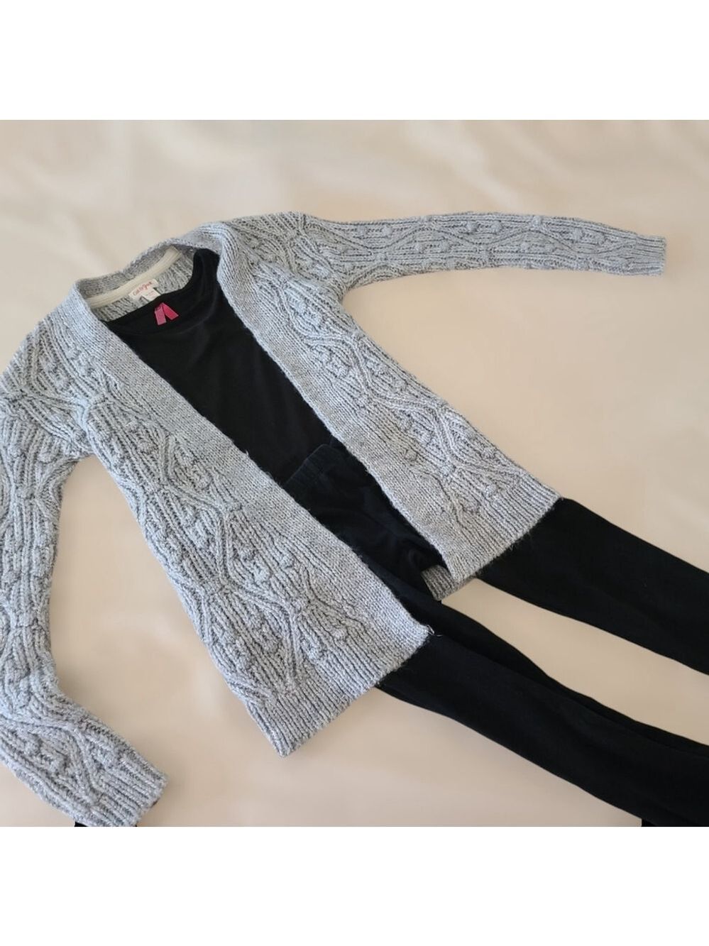 Cat & Jack Girls Outfit, Gray Cardigan, Black Leggings & Top - Picture 2 of 11
